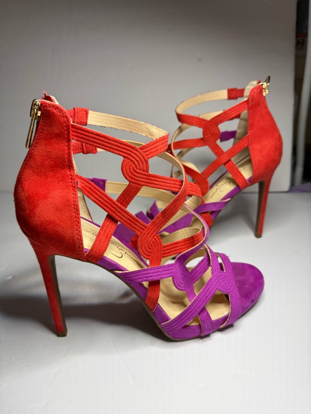 Red & Purple Strappy Vegan Suede Stiletto Sandals